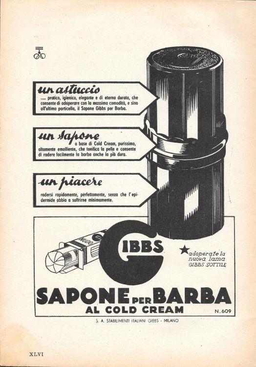 Sapone per barba Gibbs. Un astuccio, un sapone, un piacere. Advertising 1935 - copertina