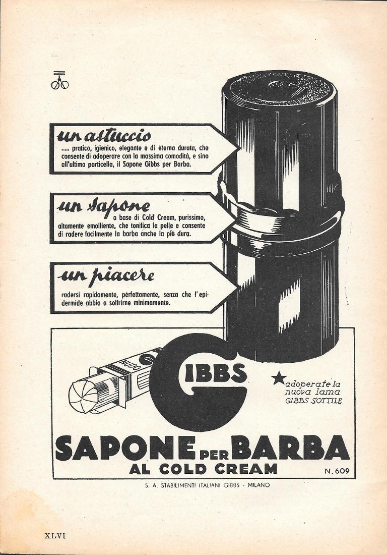 Sapone per barba Gibbs. Un astuccio, un sapone, un piacere. Advertising 1935