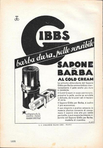 Barba dura, pelle sensibile. Sapone per barba Gibbs. Advertising 1935 - copertina