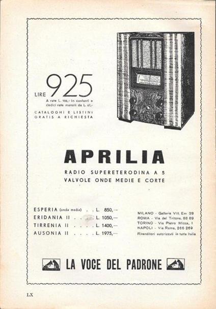 Aprilia. Radio supereterodina a 5 valvole. La Voce del Padrone. Advertising 1935 - copertina
