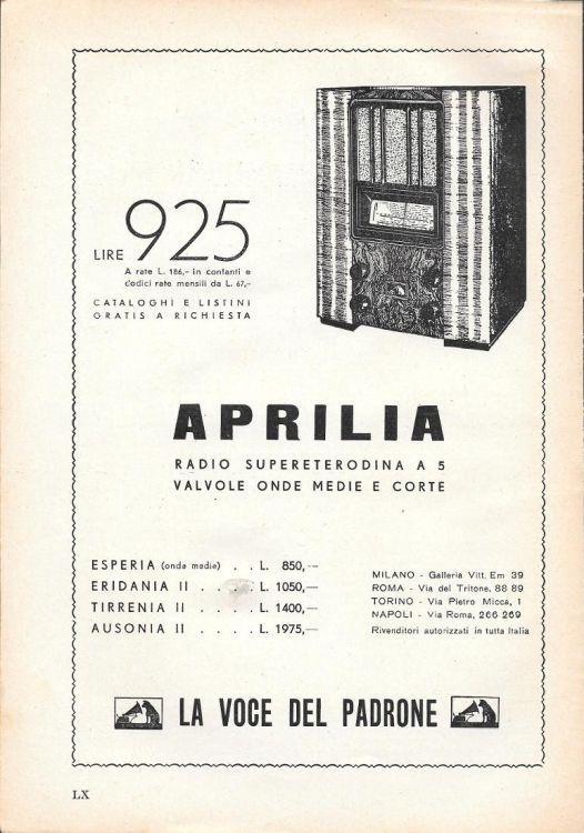 Aprilia. Radio supereterodina a 5 valvole. La Voce del Padrone. Advertising 1935 - copertina