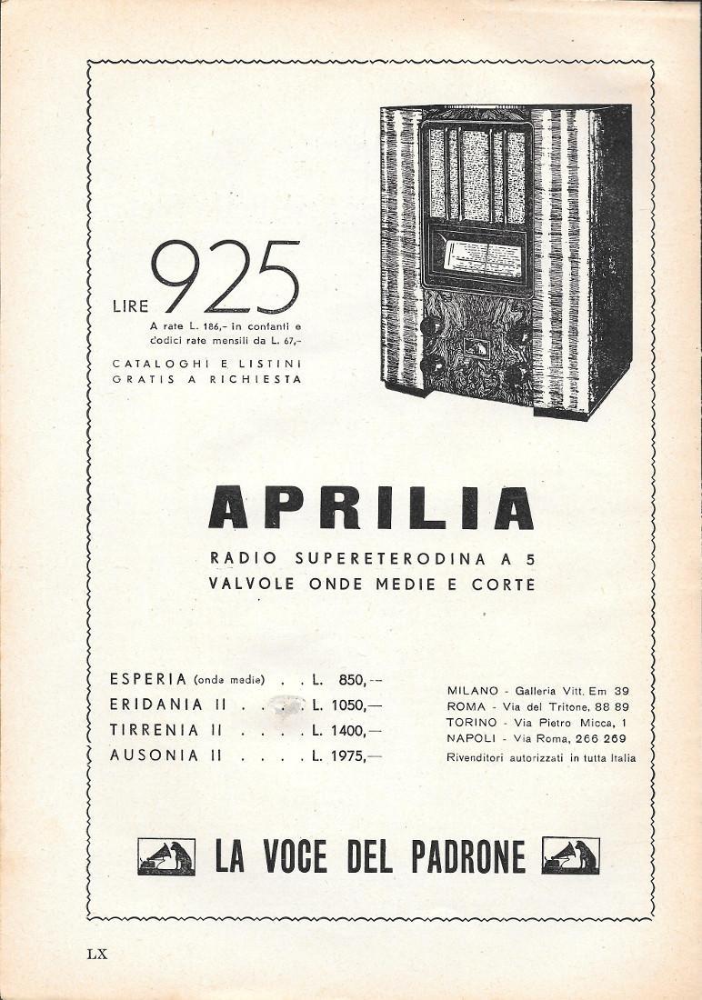 Aprilia. Radio supereterodina a 5 valvole. La Voce del Padrone. Advertising 1935