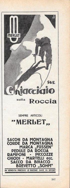 Merlet. Sul ghiacciaio sulla roccia. Advertising 1935 - copertina
