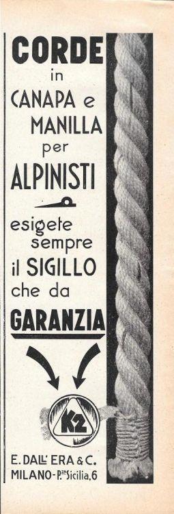 K2. Corde in canapa e manilla per alpinisti. Advertising 1935 - copertina