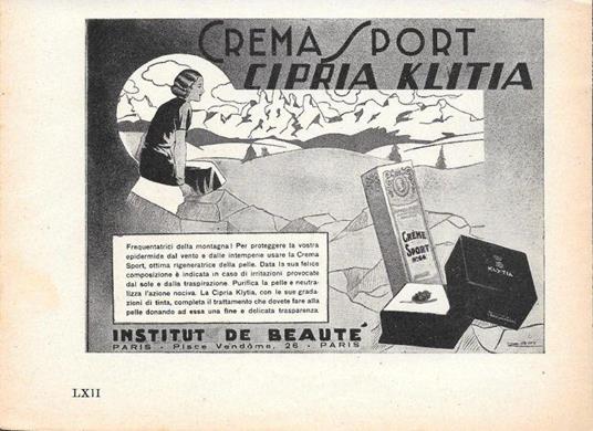 Institut de Bauté. Crema sport, Cipria Klitia. Advertising 1935 - copertina
