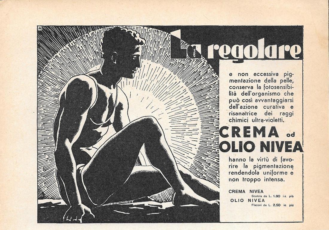 Crema od Olio Nivea hanno la virtù di favorire la pigmentazione... Advertising 1935