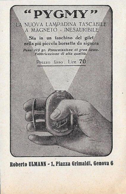 Pygmy. La nuova lampadina tascabile a magneto. Advertising 1929 - copertina