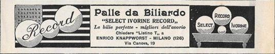 Palle da Biliardo. Select Ivorine Record. Advertising 1928 - copertina