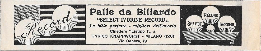 Palle da Biliardo. Select Ivorine Record. Advertising 1928