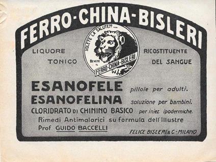 Ferro China Bisleri. Ricostituente del sangue. Advertising 1928 - copertina