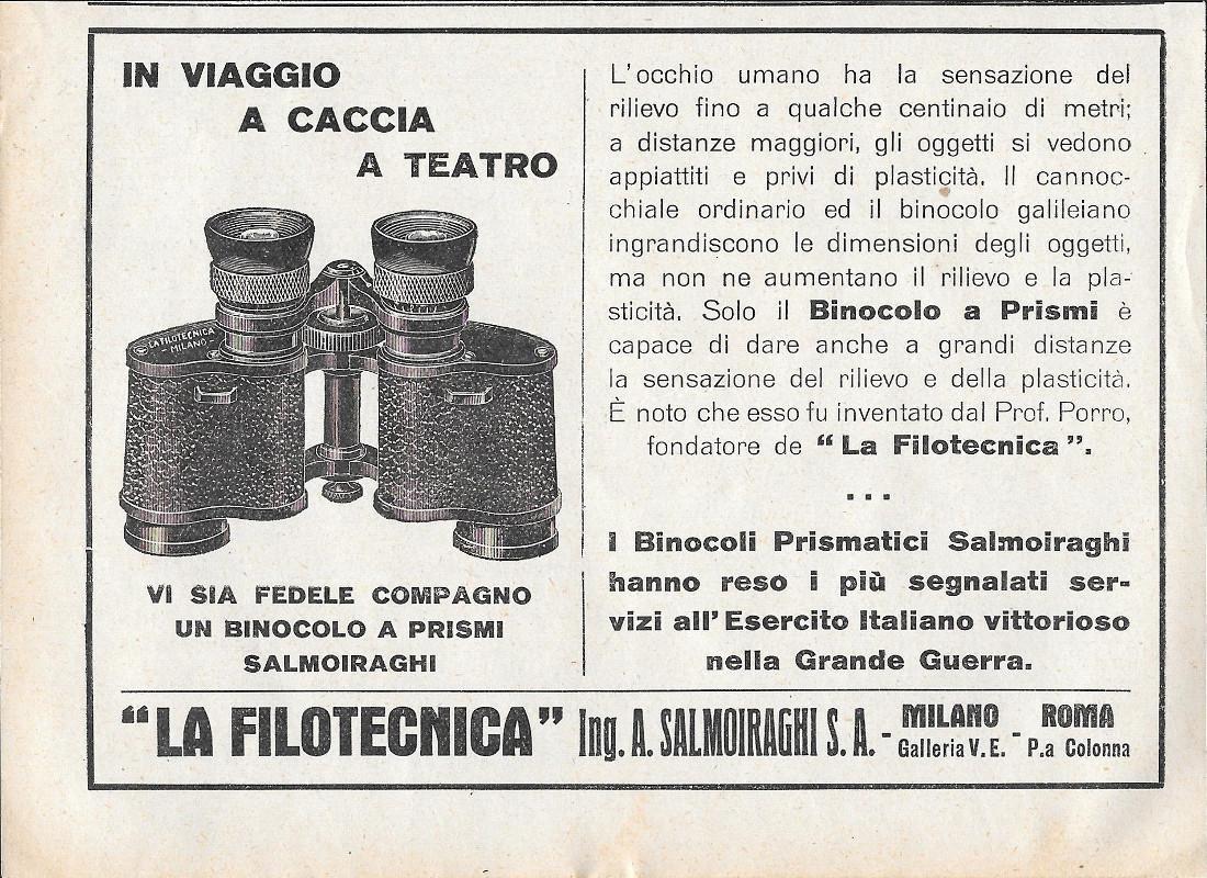 Binocolo a Prismi Salmoiraghi. La Filotecnica. Advertising 1928
