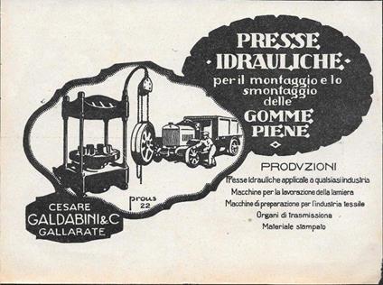 Gabaldini. Presse Idrauliche per il montaggio delle Gomme Piene. Advertising 1928 - copertina