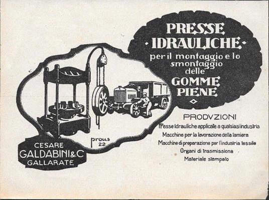 Gabaldini. Presse Idrauliche per il montaggio delle Gomme Piene. Advertising 1928 - copertina