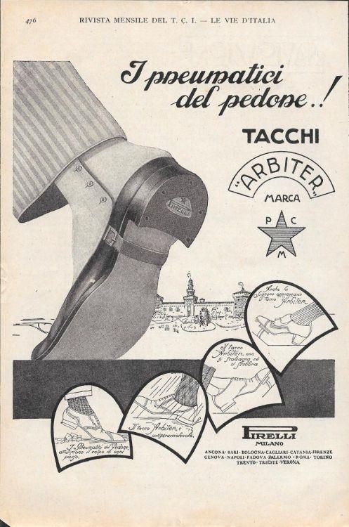 Tacchi Arbiter Pirelli. I Pneumatici del Pedone. Advertising 1928 - copertina