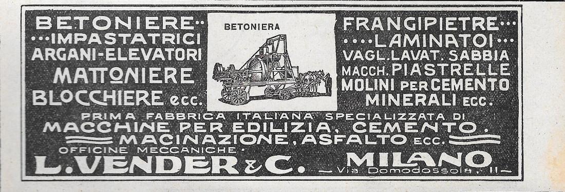Betoniere, Impastatrici - Macchine per Edilizia - Vender.& C. Advertising 1928