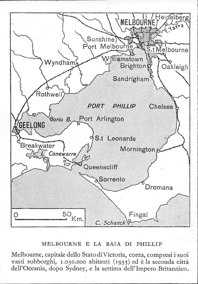 Melbourne, e la Baia di Phillip. Cartina in scala. Stampa 1934