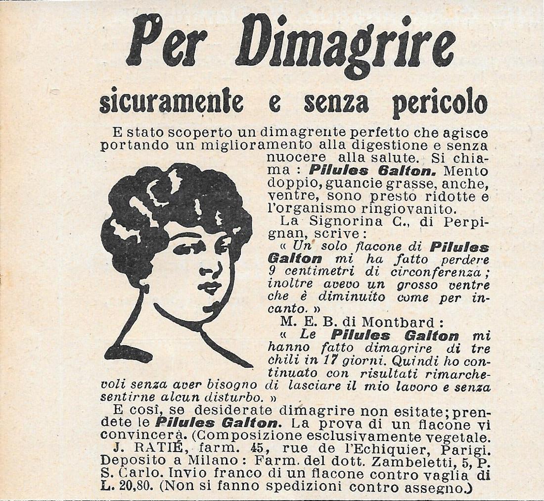 Pilules Galton per dimagrire. Advertising 1923