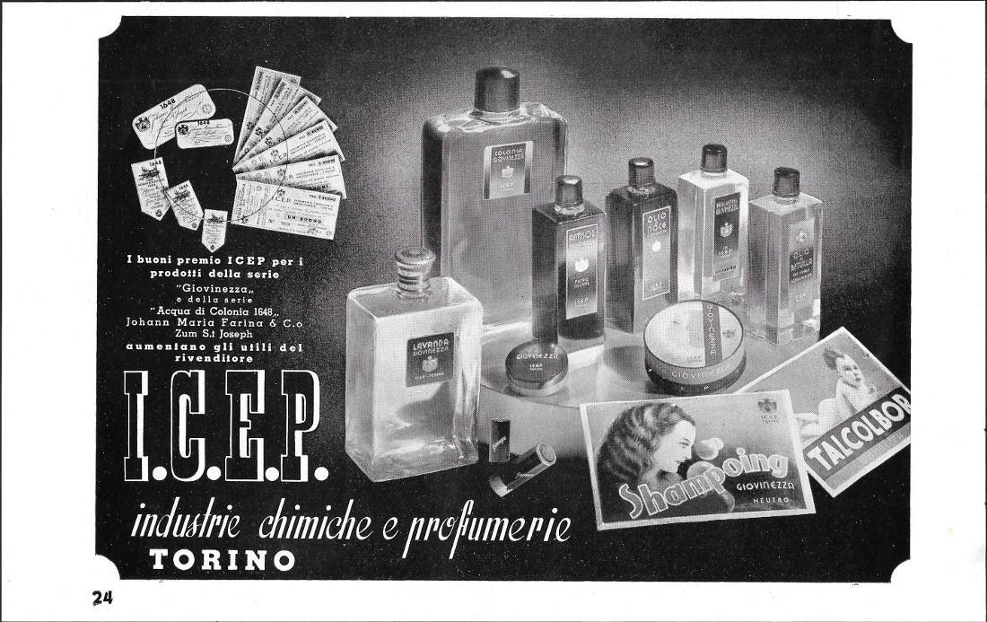 I.C.E.P. Industrie Chimiche E Profumerie Torino. Advertising 1939