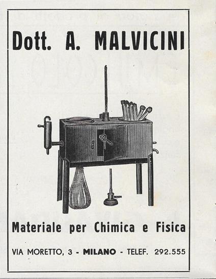 Dott. A. Malvicini. Materiale per chimica e fisica. Advertising 1939 - copertina