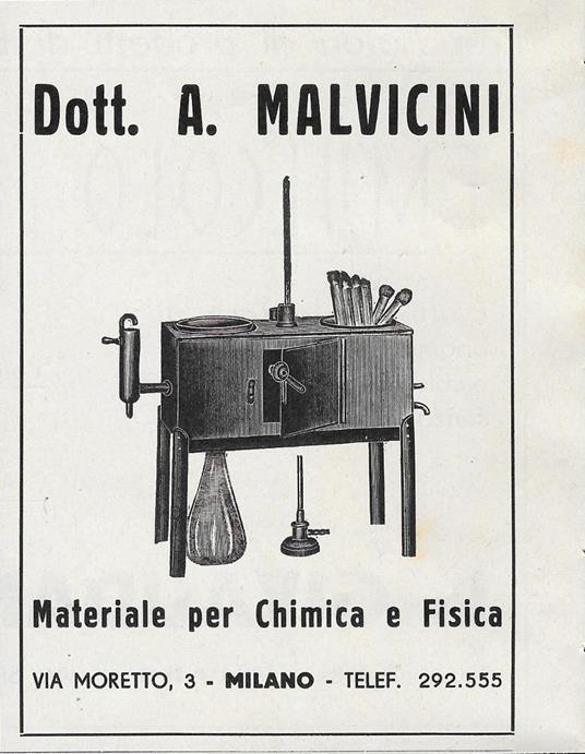 Dott. A. Malvicini. Materiale per chimica e fisica. Advertising 1939 - copertina