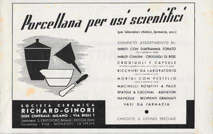 Richard-Ginori. Porcellana per usi scientifici. Advertising 1939 - copertina