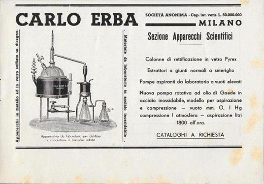Carlo Erba. Sezione Apparecchi Scientifici. Advertising 1939 - copertina