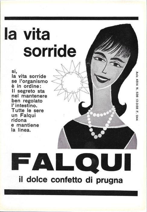 La vita sorride. Falqui, il dolce confetto di prugna. Advertising 1962 - copertina