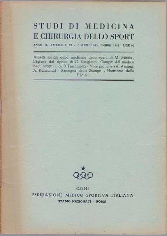 Studi di Medicina e Chirurgia dello Sport Anno II Fascicolo VI- Novembre Dicembre 1948 - copertina