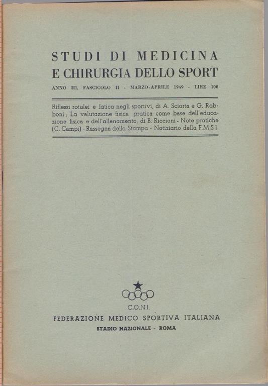 Studi di Medicina e Chirurgia dello Sport Anno III Fascicolo II- Marzo Aprile 1949 - copertina