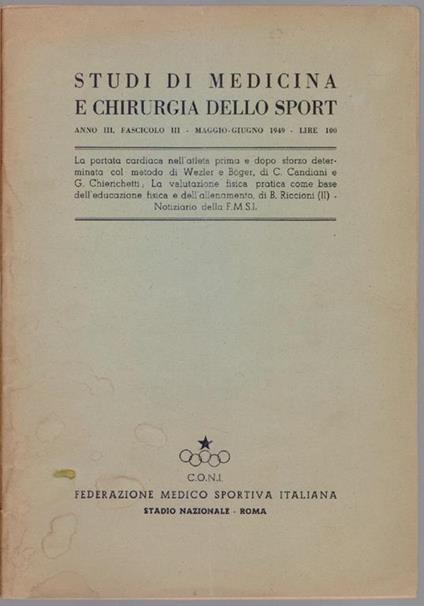 Studi di Medicina e Chirurgia dello Sport Anno III Fascicolo III - Maggio Giugno 1949 - copertina