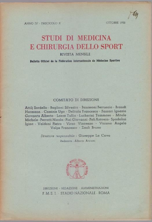 Studi di Medicina e Chirurgia dello Sport Anno IV Fascicolo X - Ottobre 1950 - copertina
