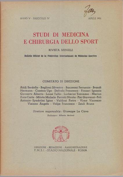 Studi di Medicina e Chirurgia dello Sport Anno V Fascicolo IV- Aprile 1951 - copertina