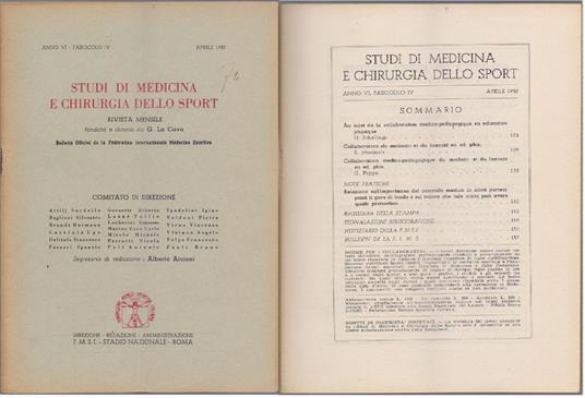 Studi di Medicina e Chirurgia dello Sport Anno VI Fascicolo IV - Aprile 1952 - copertina