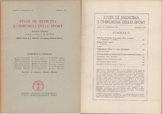 Studi di Medicina e Chirurgia dello Sport Anno VI Fascicolo VI - Agosto 1952 - copertina