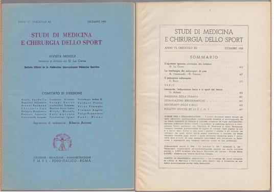 Studi di Medicina e Chirurgia dello Sport Anno VI Fascicolo XII - Dicembre 1952 - copertina
