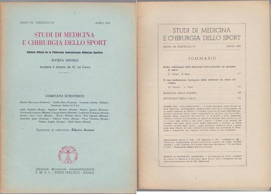 Studi di Medicina e Chirurgia dello Sport Anno VII Fascicolo IV - Aprile 1953 - copertina