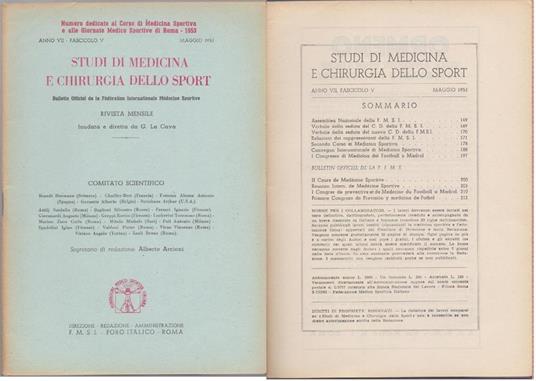 Studi di Medicina e Chirurgia dello Sport Anno VII Fascicolo V - Maggio 1953 - copertina
