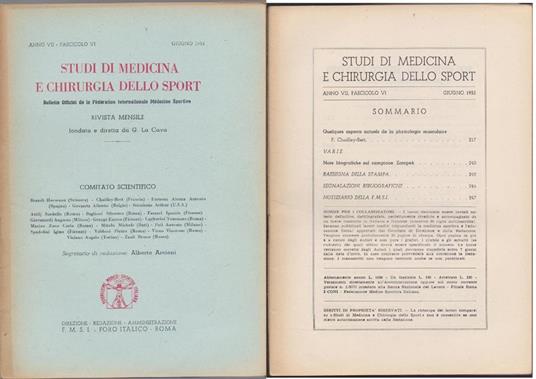 Studi di Medicina e Chirurgia dello Sport Anno VII Fascicolo VI - Giugno 1953 - copertina