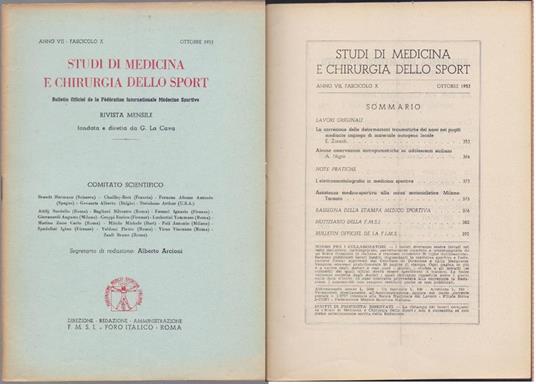 Studi di Medicina e Chirurgia dello Sport Anno VII Fascicolo X - Ottobre 1953 - copertina