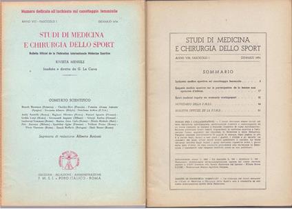 Studi di Medicina e Chirurgia dello Sport Anno VIII Fascicolo I - Gennaio 1954 - copertina