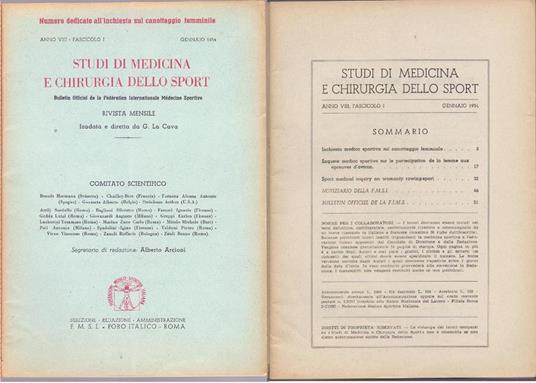 Studi di Medicina e Chirurgia dello Sport Anno VIII Fascicolo I - Gennaio 1954 - copertina