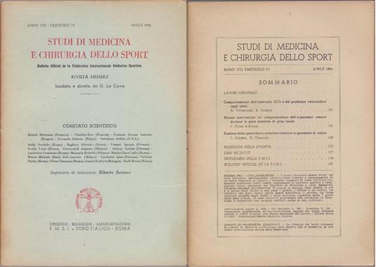 Studi di Medicina e Chirurgia dello Sport Anno VIII Fascicolo IV - Aprile 1954 - copertina