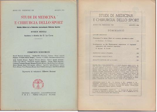 Studi di Medicina e Chirurgia dello Sport Anno VIII Fascicolo VIII - Agosto 1954 - copertina