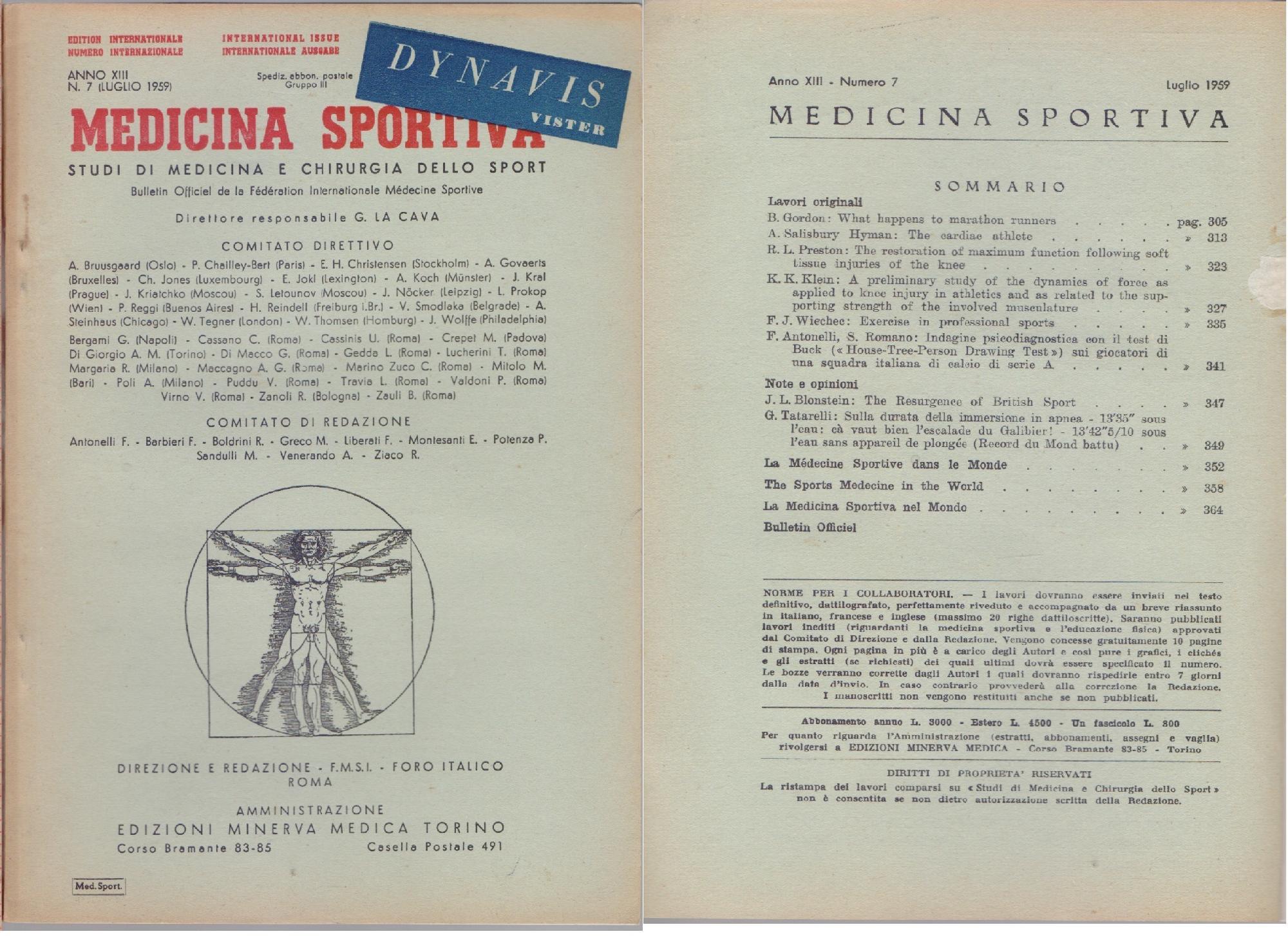 Studi di Medicina e Chirurgia dello Sport Anno XIII Numero 7 - Luglio 1959