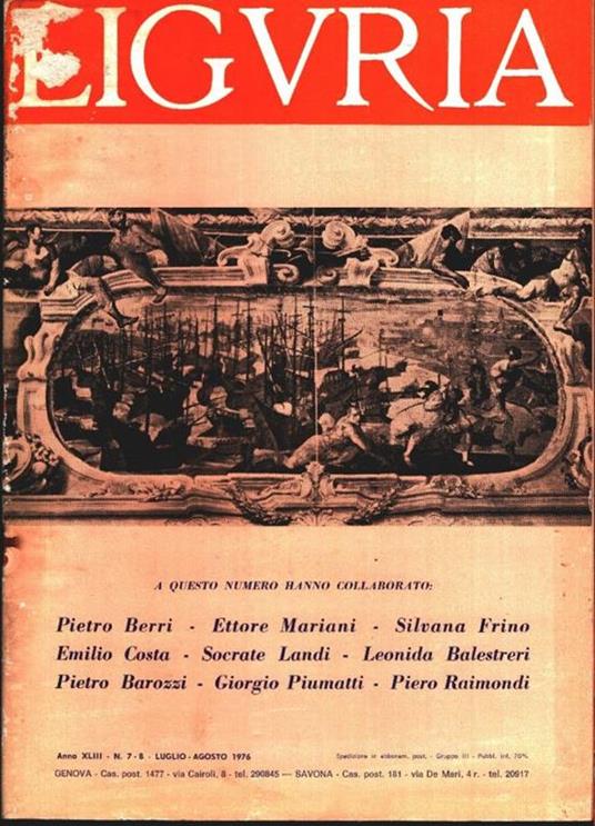 Liguria. Rivista. Anno XLIII, n. 7/8 luglio-agosto 1976 - copertina