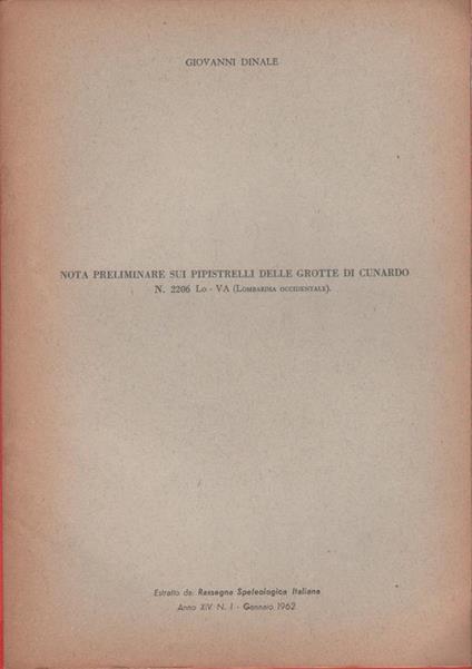 Nota preliminare su pippistrelli delle grotte di Cunardo. n. 2206 VA - copertina
