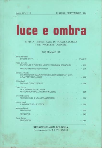 Luce e ombra. Rivista di parapsicologia. Anno 94, n. 3 luglio-settembre 1994 - copertina