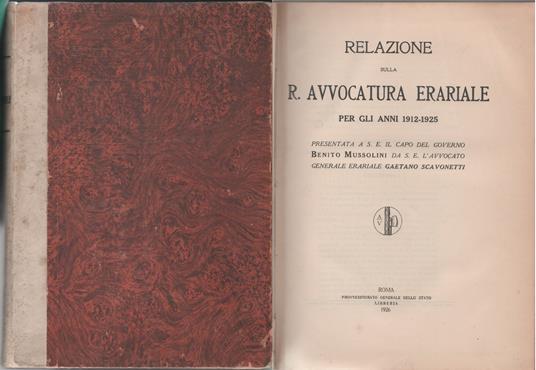 Relazione sulla R. Avvocatura erariale per gli anni 1912-1925 - copertina