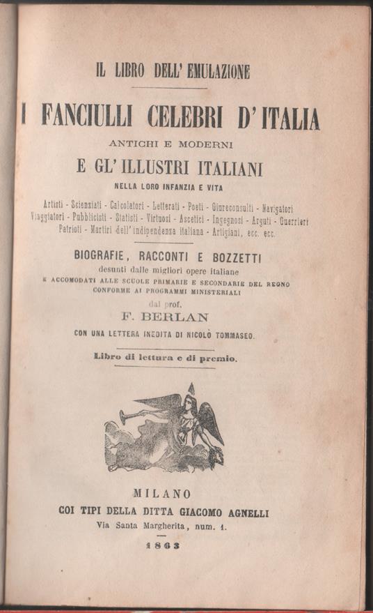 Il libo dell'emulazione. I fanciulli celebri d'Italia - F. Berlan - copertina