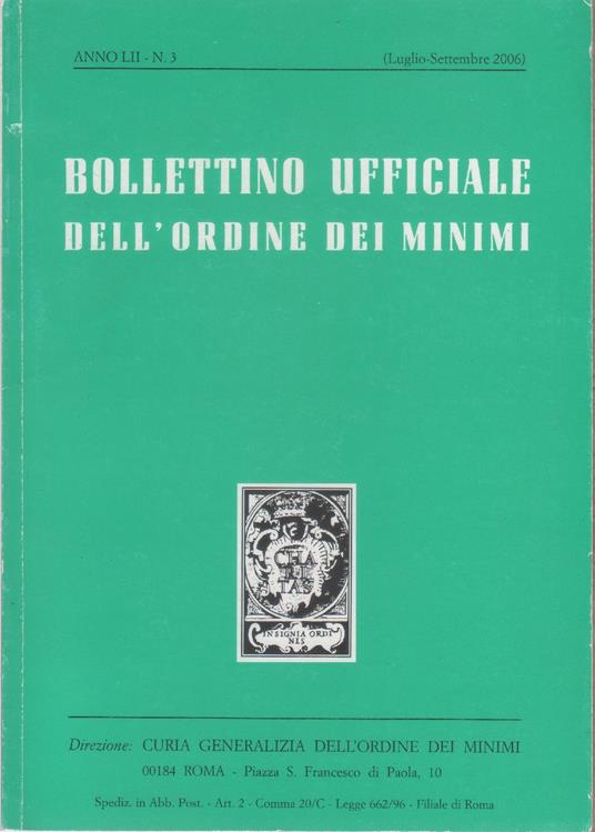 Bollettino ufficiale dell'Ordine dei Minimi. Anno LIII. n. 3. Luglio/settembre 2006 - copertina